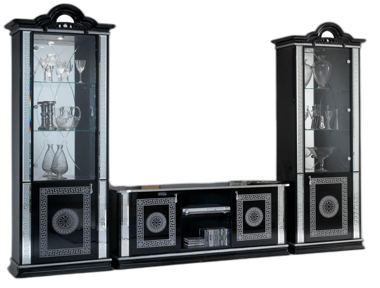 Xlmoebel Wohnwand Schwarz Wohnwand Wohnzimmer Set Vitrine Kommode Wandregal 3 tlg., (3-St., 2x Vitrine + TV -Tisch), Hergestellt in Europa von Xlmoebel