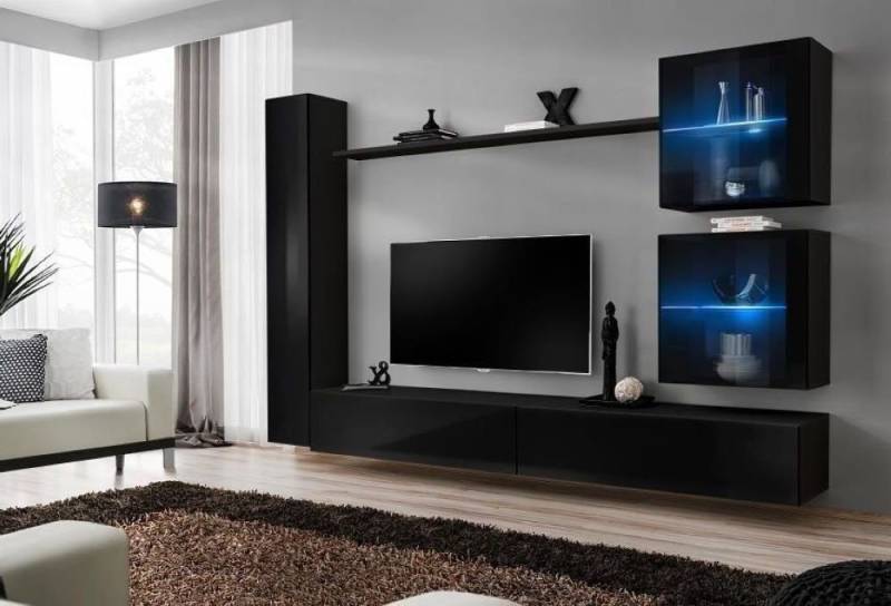 Xlmoebel Wohnwand Schwarz Wohnzimmereinrichtung Set Designer Möbel Fernsehmöbel, (6-St., 2x TV Ständer, Wandschrank, Wohnwand, 2x Wandschrank, Wandregal), Hergestellt in Europa von Xlmoebel