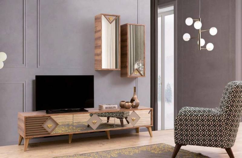 Xlmoebel Wohnwand TV-Buffet flacher Schrank aus Holz Spiegel Möbel Wohnzimmer, (1-St), Hergestellt in Europa von Xlmoebel