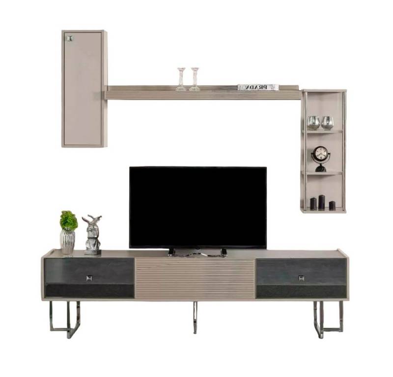 Xlmoebel Wohnwand Wandregal RTV TV Möbel Holz Grau Ablagen Wohnbereich, (2-St., TV-Ständer + Regale), Hergestellt in Europa von Xlmoebel