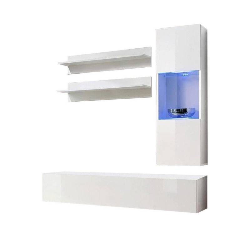 Xlmoebel Wohnwand Wandregal Set TV Halterung Flachschrank Designer Hängevitrine Holz, (4-St., 1x Wohnwand + 1x TV Ständer + 1x Hänge Vitrine + 2x Wandregale), Hergestellt in Europa von Xlmoebel