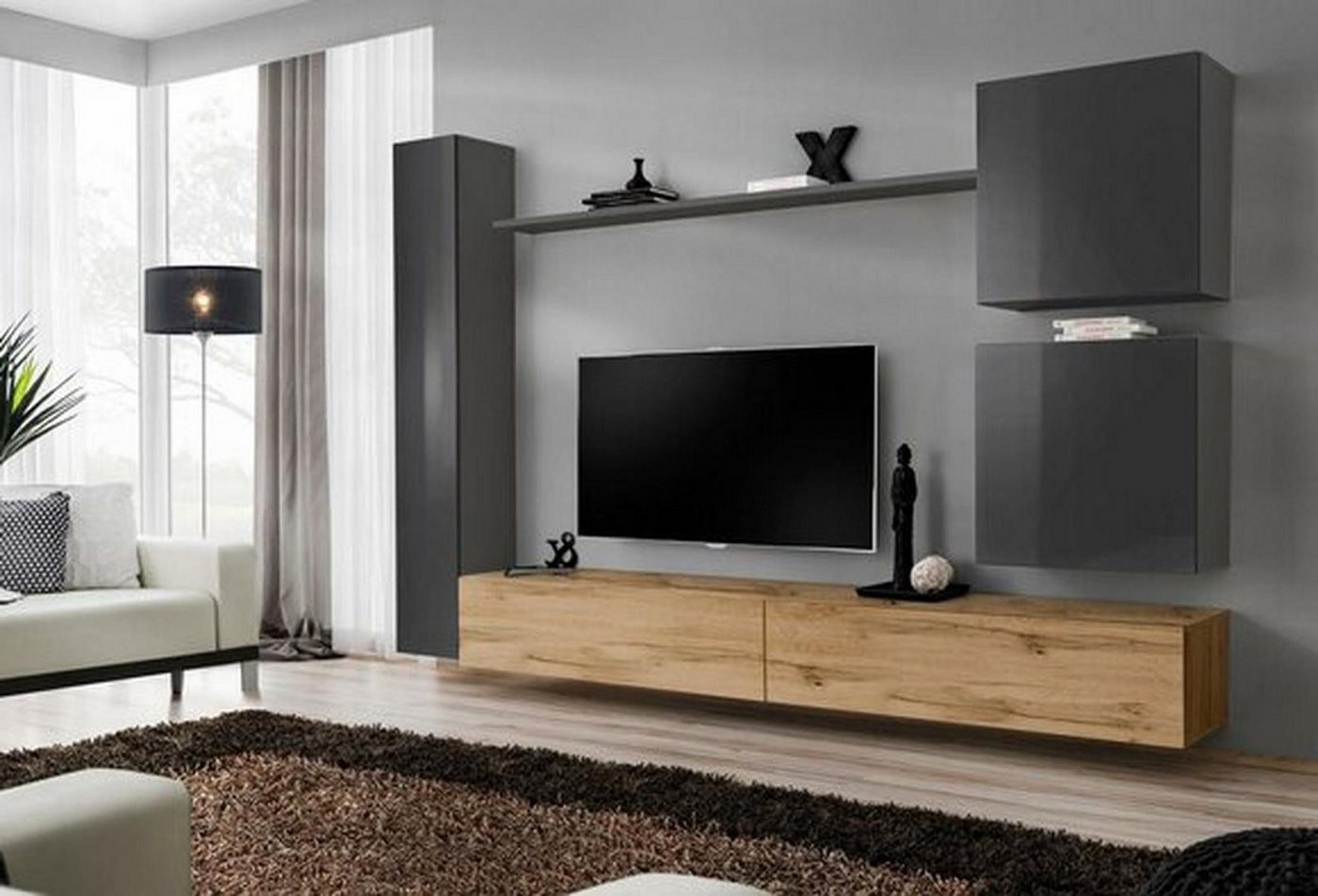 Xlmoebel Wohnwand Wandregal Wohnmodule Komplett-Set 6-teilig Zeitgemäßes Möbelbuffet, (6-St., 1x Wohnwand + 2x TV Ständer + 3x Wandschrank + 1x Wandregal), Hergestellt in Europa von Xlmoebel