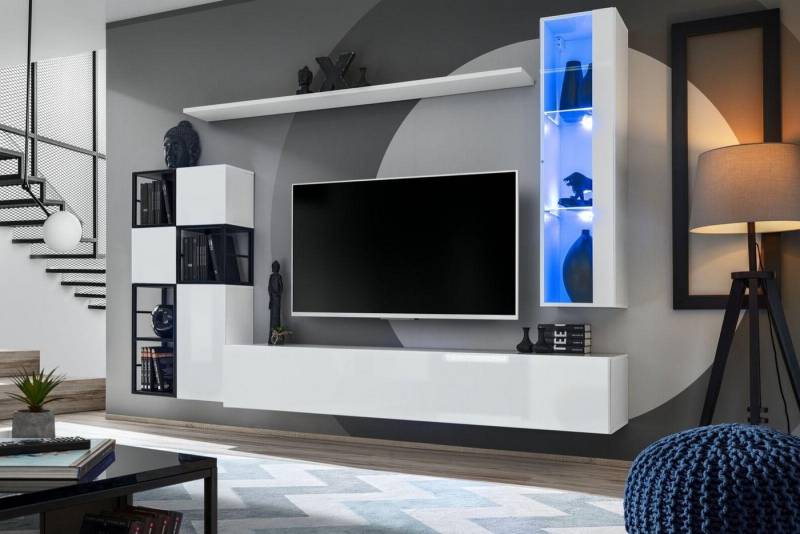 Xlmoebel Wohnwand Weiße Wohnwand Hängereinheit Designer TV Regal Set 9tlg Holzstücke, (9-St., TV Ständer + Hänge Vitrine + 3x Wandschrank + 4x Wandregal), Hergestellt in Europa von Xlmoebel