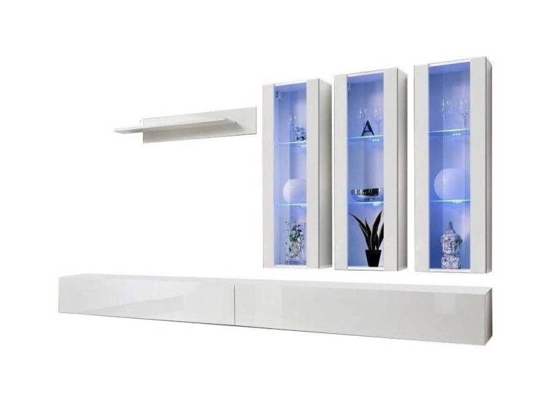 Xlmoebel Wohnwand Weißer Wohnbereich Designer Hängeschrank TV Regal Sideboard Holz, (7-St., 1x Wohnwand + 2x TV Ständer + 3x Hänge Vitrine + 2x Wandregale), Hergestellt in Europa von Xlmoebel