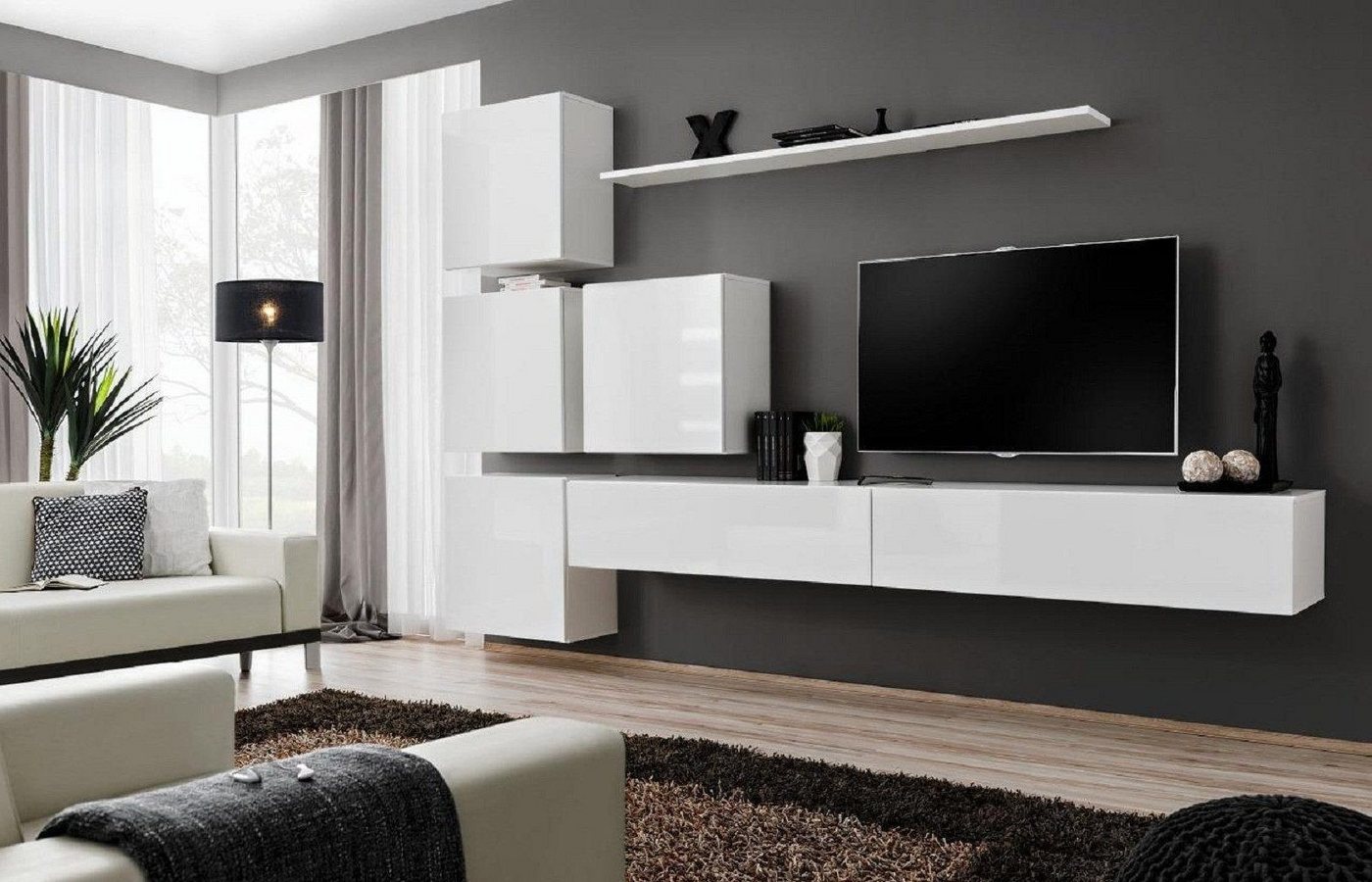 Xlmoebel Wohnwand Weißes Wohnregal Gesamtset 8-teilig Wandregal Schrank, (8-St., 1x Wohnwand + 2x TV Ständer + 4x Wandschrank + 1x Wandregal), Hergestellt in Europa von Xlmoebel