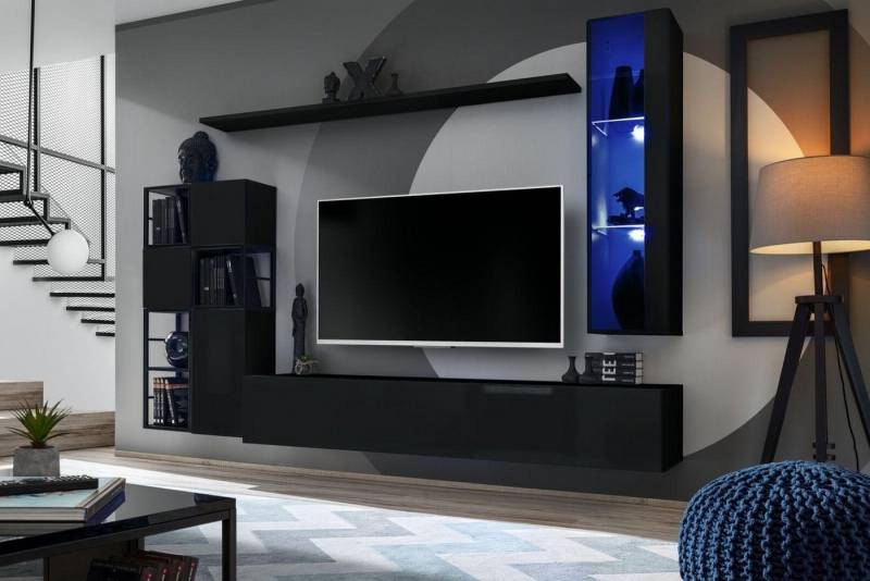 Xlmoebel Wohnwand Wohnmöbel Set 250 cm Schwarz Holzschrank Einrichtung, (8-St., TV Ständer + Hänge Vitrine + 3x Wandschrank + 4x Wandregal), Hergestellt in Europa von Xlmoebel