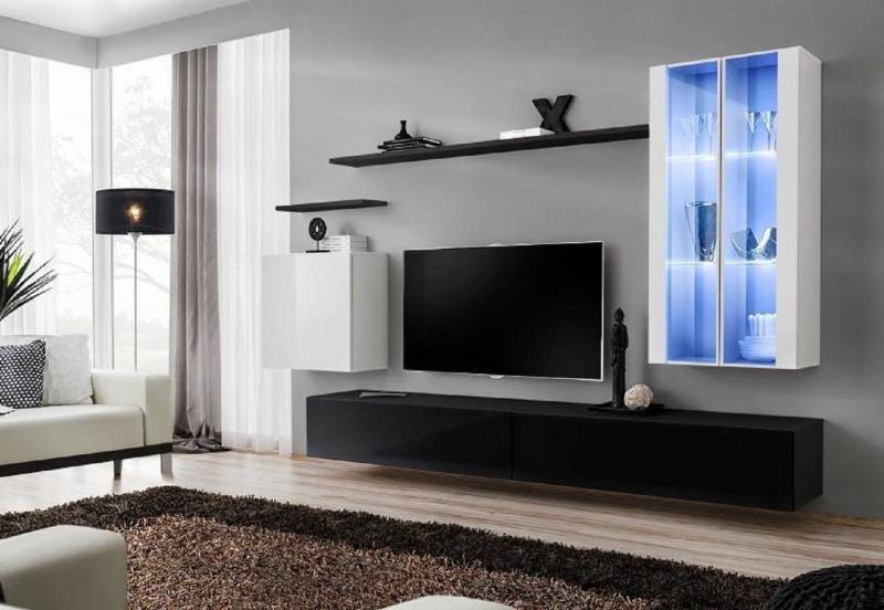 Xlmoebel Wohnwand Wohnraum Dunkel TV-Halter Designer Komplettpaket Wandregal Aktuell, (7-St., 1x Wohnwand + 2x TV Ständer + 3x Wandschrank + 2x Wandregal), Hergestellt in Europa von Xlmoebel