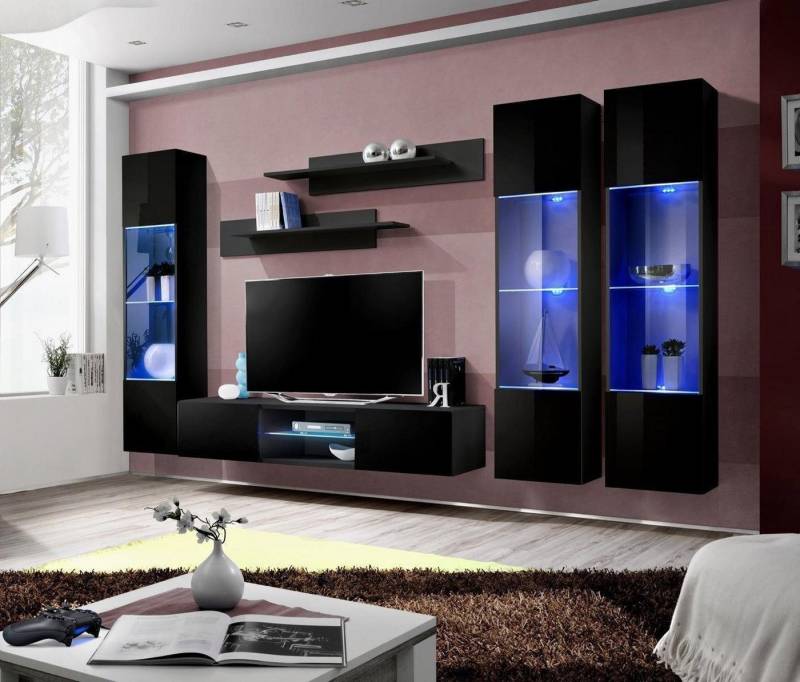 Xlmoebel Wohnwand Wohnzimmer Ausstattung Wandsystem Designer Möbelzeit Moderne Ästhetik, (6-St., 1x Wohnwand + 1x TV Ständer + 3x Hänge Vitrine + 2x Wandregal), Hergestellt in Europa von Xlmoebel