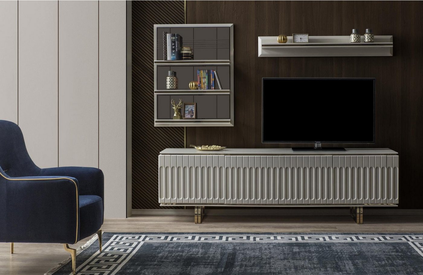Xlmoebel Wohnwand Wohnzimmer Luxus TV-Wand mit TV-Ständer und Regal - Wohnzimmermöbel, (3-St., Set Wohnzimmer RTV + 2xRegale), Hergestellt in Europa von Xlmoebel