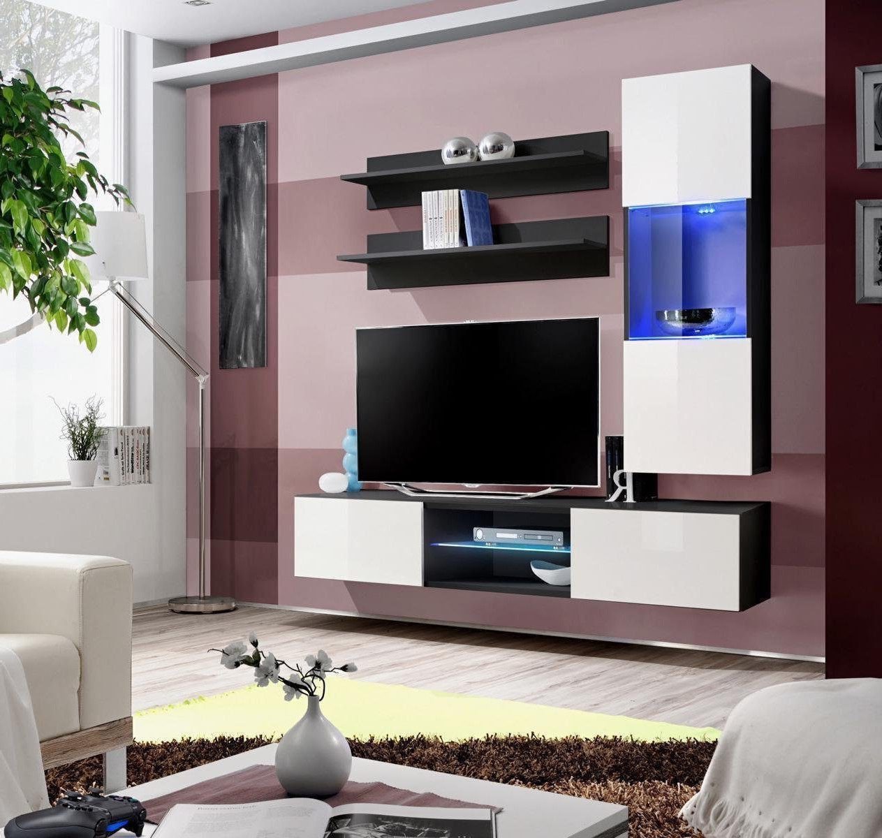 Xlmoebel Wohnwand Wohnzimmermöbel Set 4-teilig. TV-Regal Wand Regal Deluxe, (4-St., 1x Wohnwand + 1x TV Ständer + 1x Hänge Vitrine + 2x Wandregale), Hergestellt in Europa von Xlmoebel