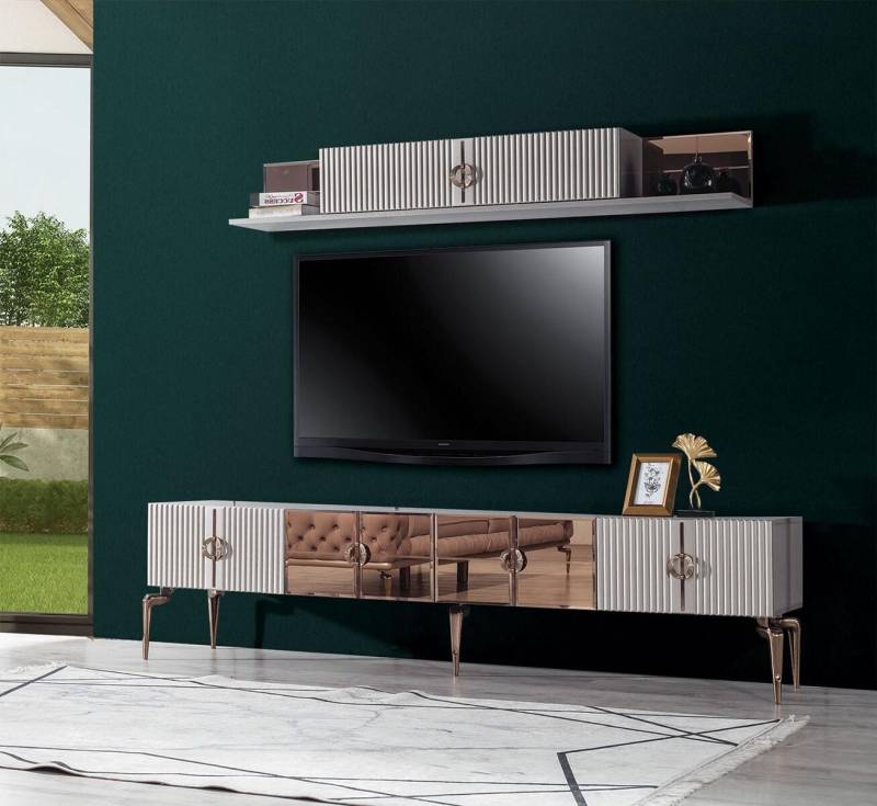 Xlmoebel Wohnwand Zeitgemäßes Wohnzimmerdesign Weißes TV-Unterschrank Edelstahl Regal, (2tlg.Wohnzimmer Set (TV Lowboard+Regal), Hergestellt in Europa von Xlmoebel