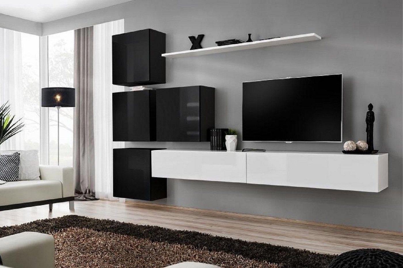Xlmoebel Wohnwand Zeitgenössische Wohnwand Regal Wandregal Schrank Weich Luxuriös, (8-St., 1x Wohnwand + 2x TV Ständer + 4x Wandschrank + 1x Wandregal), Hergestellt in Europa von Xlmoebel