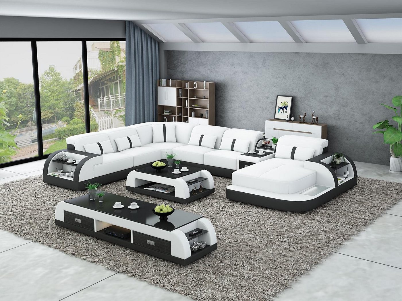 Xlmoebel Wohnzimmer-Set 3-teilige Design-Wohnlandschaft in U-Form mit Ecksofa, Couchtisch, (Ecksofa U-Form + Couchtisch + Sideboard), Hergestellt in Europa von Xlmoebel