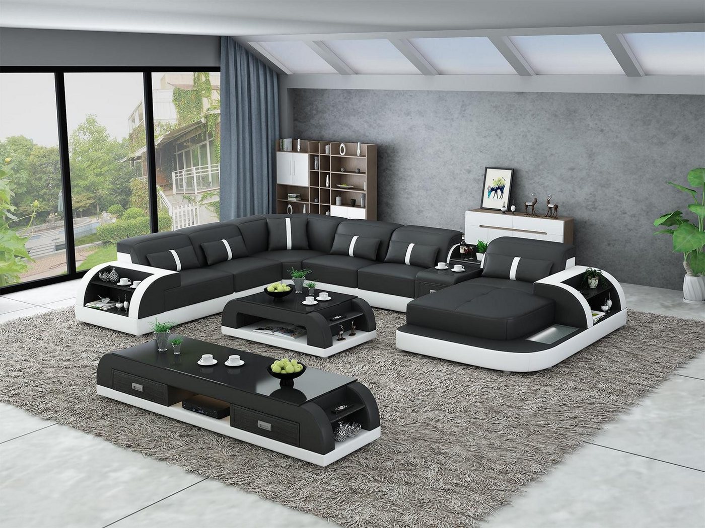 Xlmoebel Wohnzimmer-Set 3-teilige Design-Wohnlandschaft in U-Form mit Ecksofa, Couchtisch, (Ecksofa U-Form + Couchtisch + Sideboard), Hergestellt in Europa von Xlmoebel