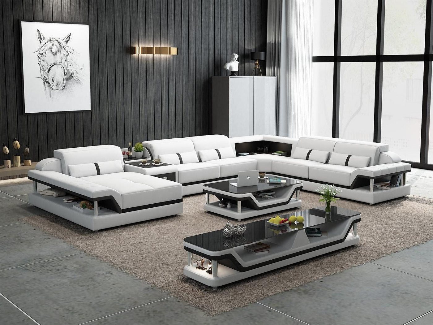 Xlmoebel Wohnzimmer-Set Beigefarbenes Ecksofa mit 2-teiligem Couchtisch Wohnzimmer Ledersofa, (Ecksofa U-Form + Couchtisch), Hergestellt in Europa von Xlmoebel