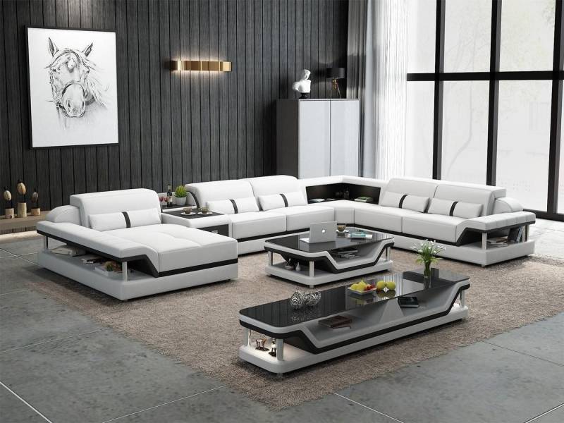 Xlmoebel Wohnzimmer-Set Beigefarbenes Ecksofa mit 2-teiligem Couchtisch Wohnzimmer Ledersofa, (Ecksofa U-Form + Couchtisch), Hergestellt in Europa von Xlmoebel