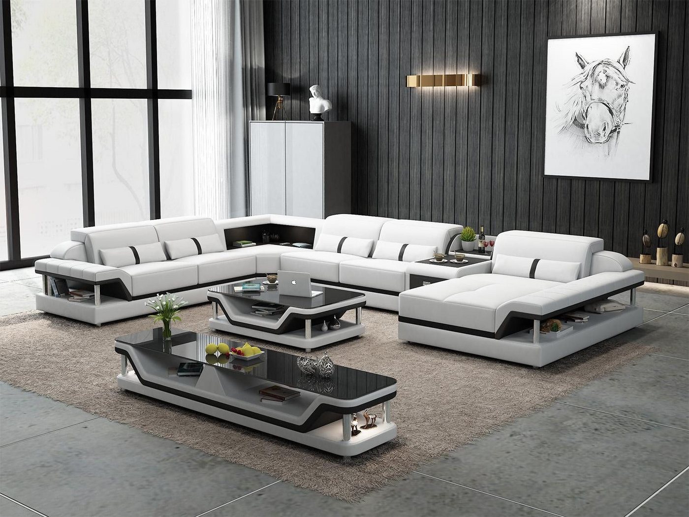 Xlmoebel Wohnzimmer-Set Beigefarbenes Ecksofa mit 2-teiligem Couchtisch Wohnzimmer Ledersofa, (Ecksofa U-Form + Couchtisch), Hergestellt in Europa von Xlmoebel