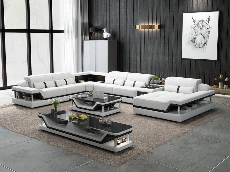 Xlmoebel Wohnzimmer-Set Beigefarbenes Ecksofa mit 2-teiligem Couchtisch Wohnzimmer Ledersofa, (Ecksofa U-Form + Couchtisch), Hergestellt in Europa von Xlmoebel