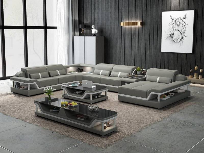 Xlmoebel Wohnzimmer-Set Beigefarbenes Ecksofa mit 2-teiligem Couchtisch Wohnzimmer Ledersofa, (Ecksofa U-Form + Couchtisch), Hergestellt in Europa von Xlmoebel