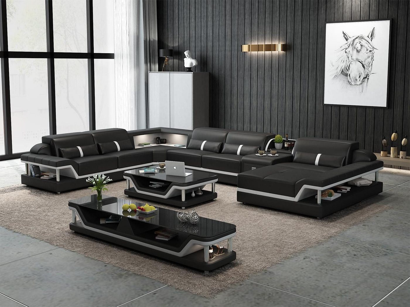 Xlmoebel Wohnzimmer-Set Beigefarbenes Ecksofa mit 2-teiligem Couchtisch Wohnzimmer Ledersofa, (Ecksofa U-Form + Couchtisch), Hergestellt in Europa von Xlmoebel