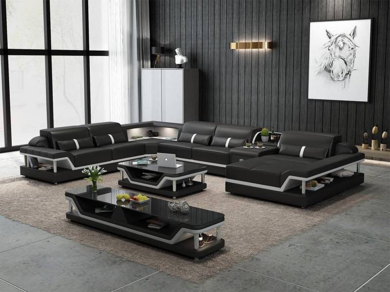Xlmoebel Wohnzimmer-Set Beigefarbenes Ecksofa mit 2-teiligem Couchtisch Wohnzimmer Ledersofa, (Ecksofa U-Form + Couchtisch), Hergestellt in Europa von Xlmoebel