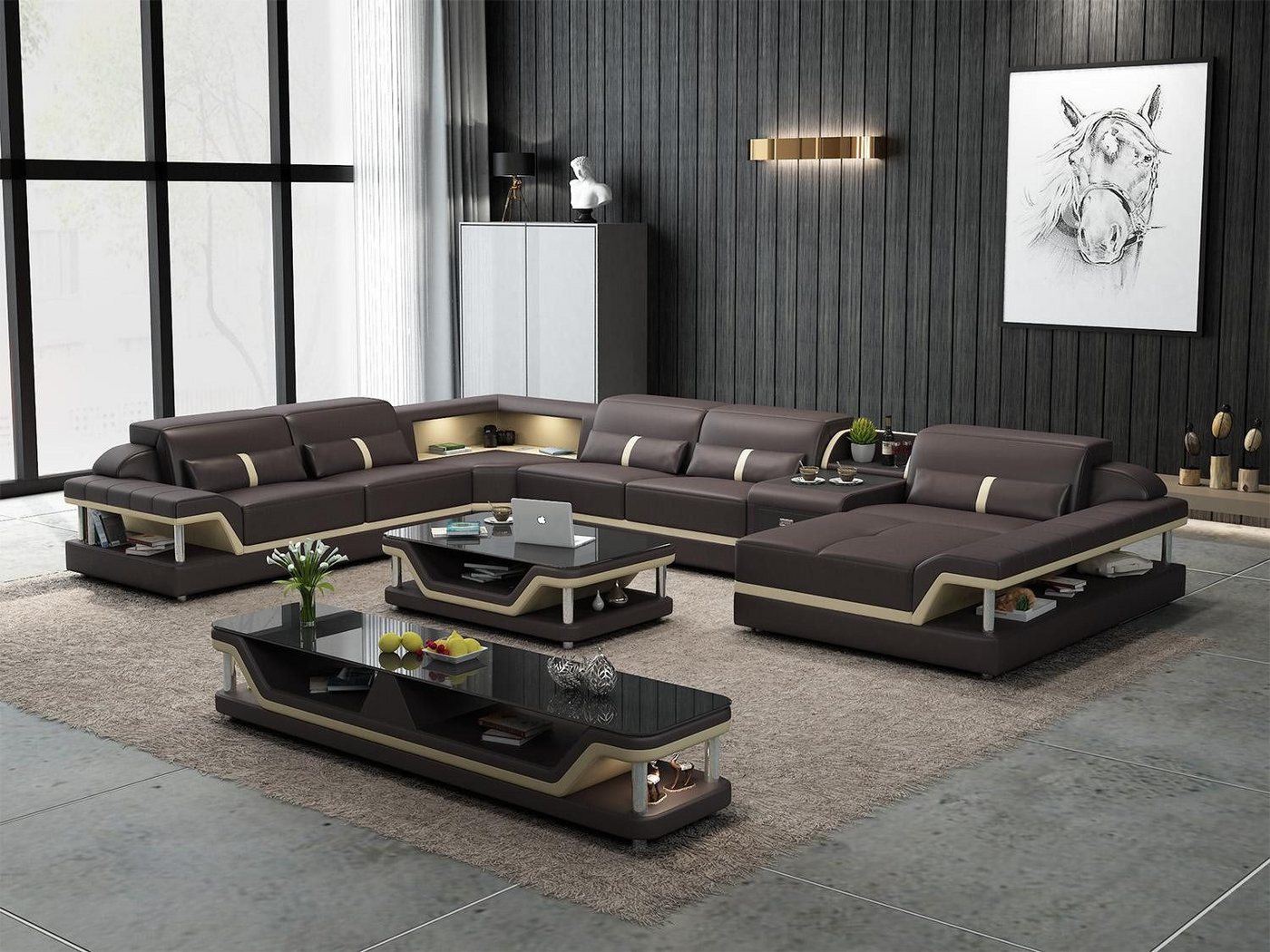 Xlmoebel Wohnzimmer-Set Beigefarbenes Ecksofa mit 2-teiligem Couchtisch Wohnzimmer Ledersofa, (Ecksofa U-Form + Couchtisch), Hergestellt in Europa von Xlmoebel