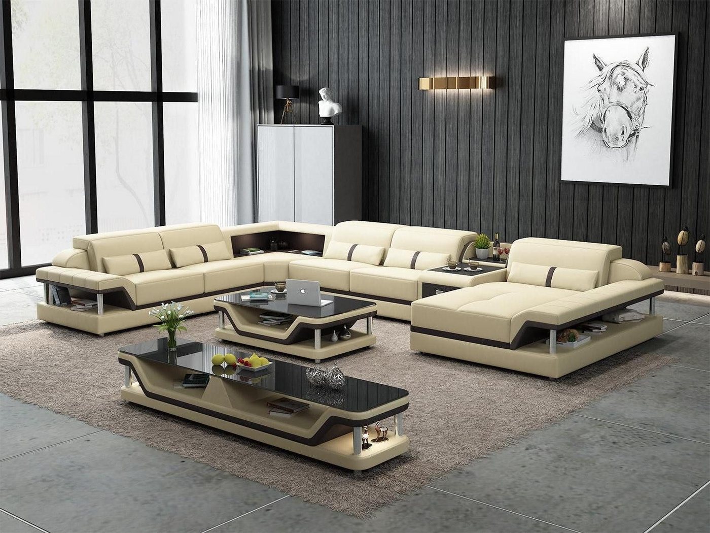 Xlmoebel Wohnzimmer-Set Beigefarbenes Ecksofa mit 2-teiligem Couchtisch Wohnzimmer Ledersofa, (Ecksofa U-Form + Couchtisch), Hergestellt in Europa von Xlmoebel