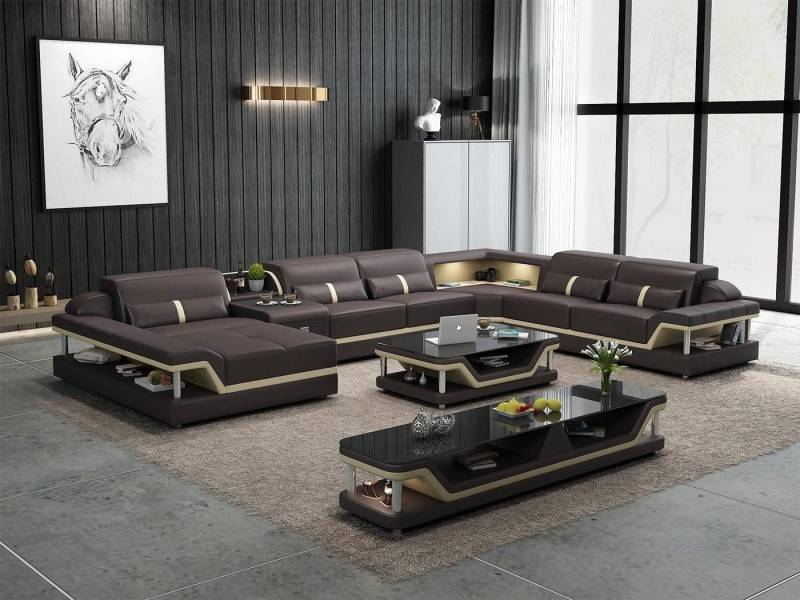 Xlmoebel Wohnzimmer-Set Beigefarbenes Ecksofa mit 2-teiligem Couchtisch Wohnzimmer Ledersofa, (Ecksofa U-Form + Couchtisch), Hergestellt in Europa von Xlmoebel