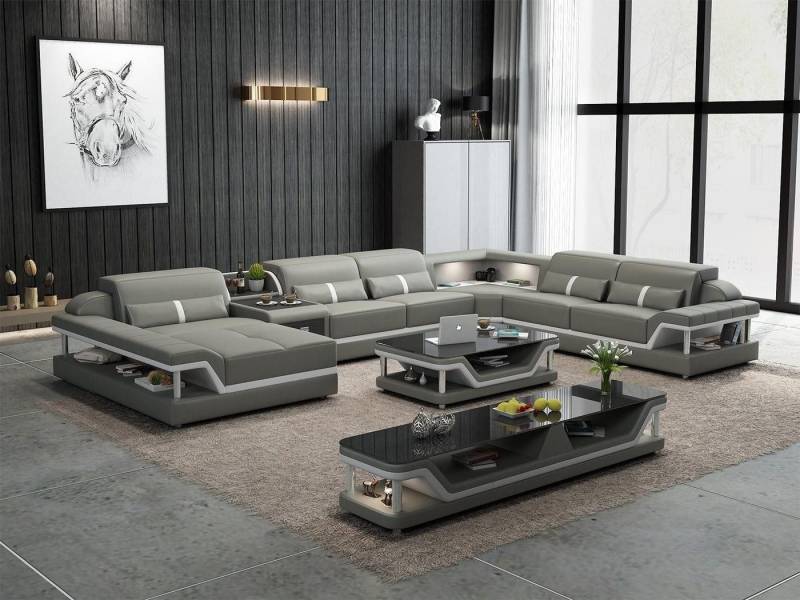 Xlmoebel Wohnzimmer-Set Beigefarbenes Ecksofa mit 2-teiligem Couchtisch Wohnzimmer Ledersofa, (Ecksofa U-Form + Couchtisch), Hergestellt in Europa von Xlmoebel