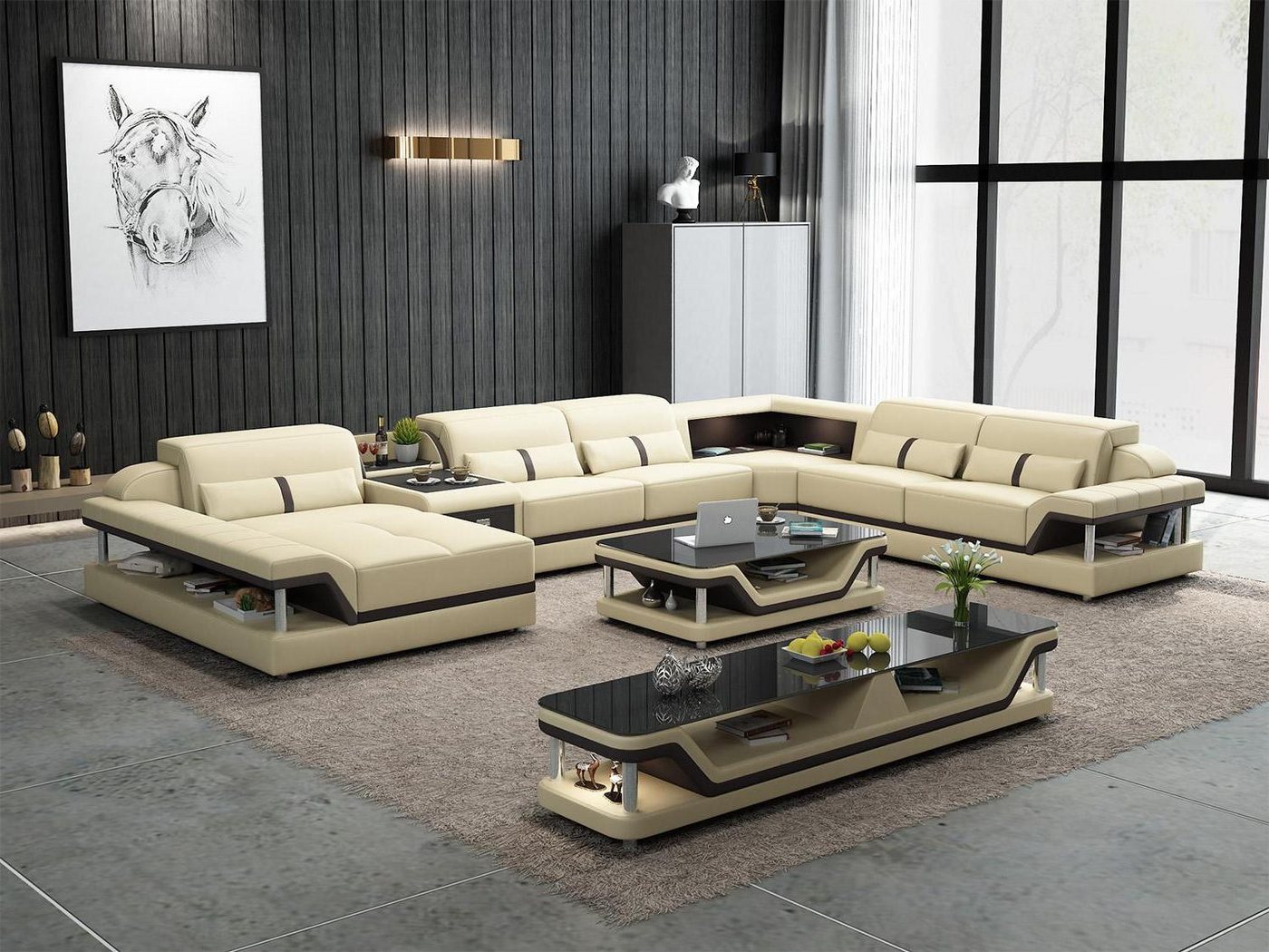 Xlmoebel Wohnzimmer-Set Beigefarbenes Ecksofa mit 2-teiligem Couchtisch Wohnzimmer Ledersofa, (Ecksofa U-Form + Couchtisch), Hergestellt in Europa von Xlmoebel