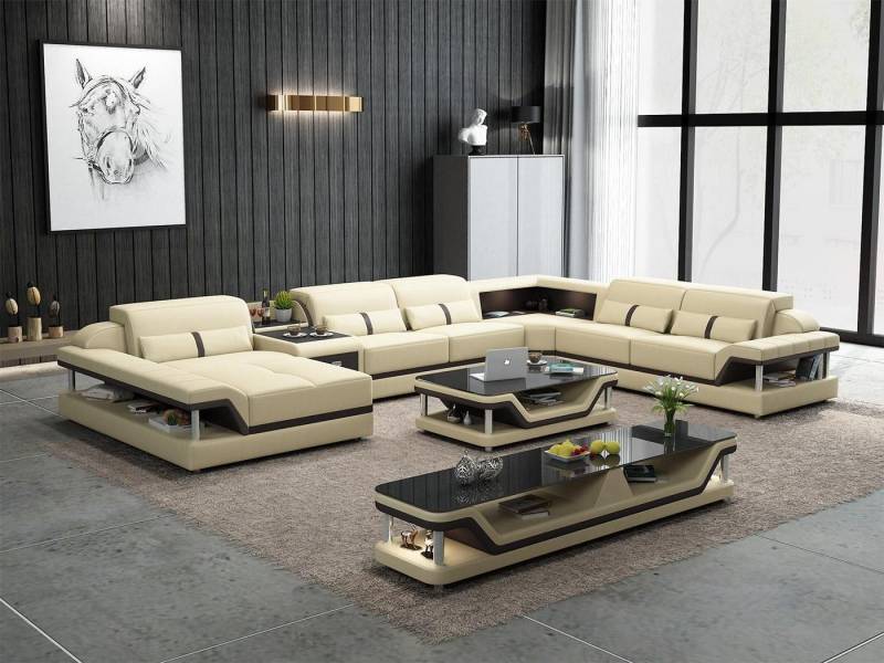 Xlmoebel Wohnzimmer-Set Beigefarbenes Ecksofa mit 2-teiligem Couchtisch Wohnzimmer Ledersofa, (Ecksofa U-Form + Couchtisch), Hergestellt in Europa von Xlmoebel