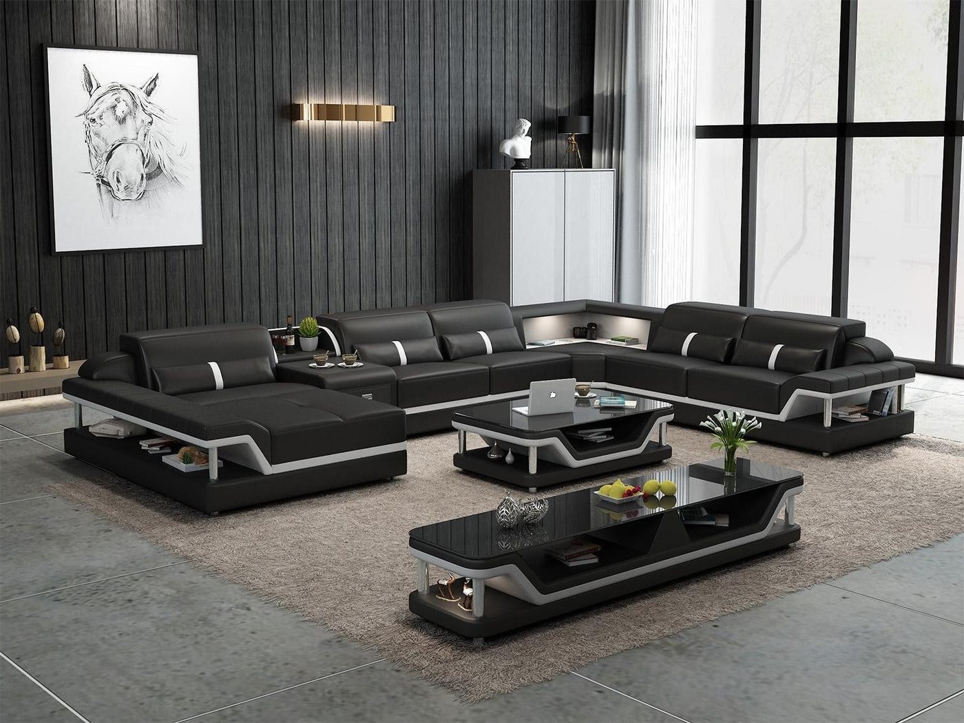 Xlmoebel Wohnzimmer-Set Beigefarbenes Ecksofa mit 2-teiligem Couchtisch Wohnzimmer Ledersofa, (Ecksofa U-Form + Couchtisch), Hergestellt in Europa von Xlmoebel