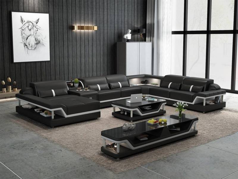 Xlmoebel Wohnzimmer-Set Beigefarbenes Ecksofa mit 2-teiligem Couchtisch Wohnzimmer Ledersofa, (Ecksofa U-Form + Couchtisch), Hergestellt in Europa von Xlmoebel