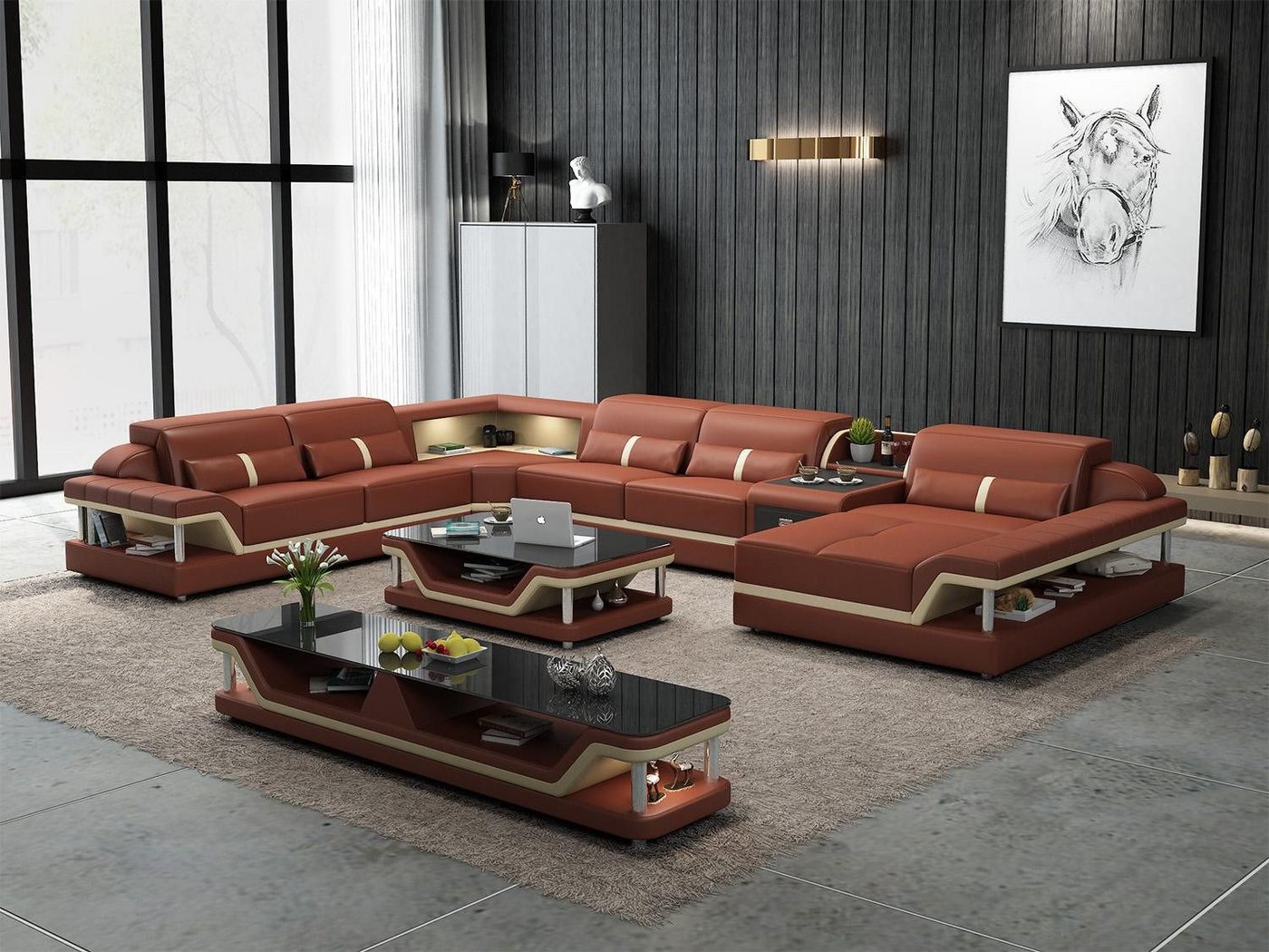Xlmoebel Wohnzimmer-Set Beigefarbenes Ecksofa mit 2-teiligem Couchtisch Wohnzimmer Ledersofa, (Ecksofa U-Form + Couchtisch), Hergestellt in Europa von Xlmoebel