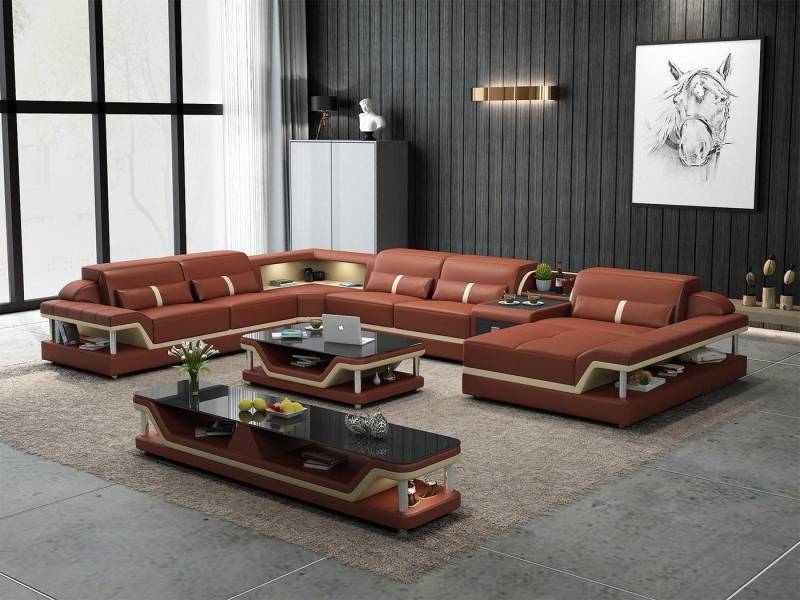 Xlmoebel Wohnzimmer-Set Beigefarbenes Ecksofa mit 2-teiligem Couchtisch Wohnzimmer Ledersofa, (Ecksofa U-Form + Couchtisch), Hergestellt in Europa von Xlmoebel