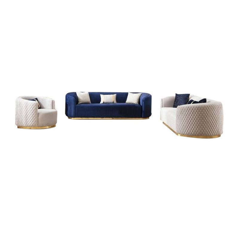 Xlmoebel Wohnzimmer-Set Blau Stoffsofa 3+3+1 Edelstahl Sitzmöbel Set, (3-St., 2x Sofa 3-Sitzer / Sessel), Hergestellt in Europa von Xlmoebel