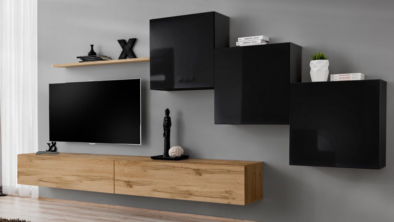 Xlmoebel Wohnwand Braunes Wohnsystem TV-Halterung Set Wohnzimmermöbel TV-Basiselement, (7-St., Wohnwand + 2x TV Ständer + 3x Wandschrank + Wandregal), Hergestellt in Europa von Xlmoebel