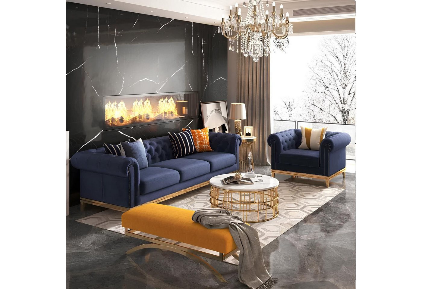 Xlmoebel Wohnzimmer-Set Chesterfield Metall Sofa Set mit Polsterung aus Leder im Design, (2-St., Sofa 3 Sitzer + Sessel), Hergestellt in Europa von Xlmoebel