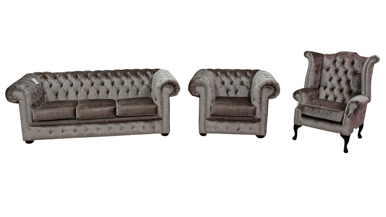 Xlmoebel Wohnzimmer-Set Chesterfield Sofa-Set ausStoff, Komplettset mit Sofa, (Chesterfield 3 + 1 Sitzer + Ohrensessel), Hergestellt in Europa von Xlmoebel