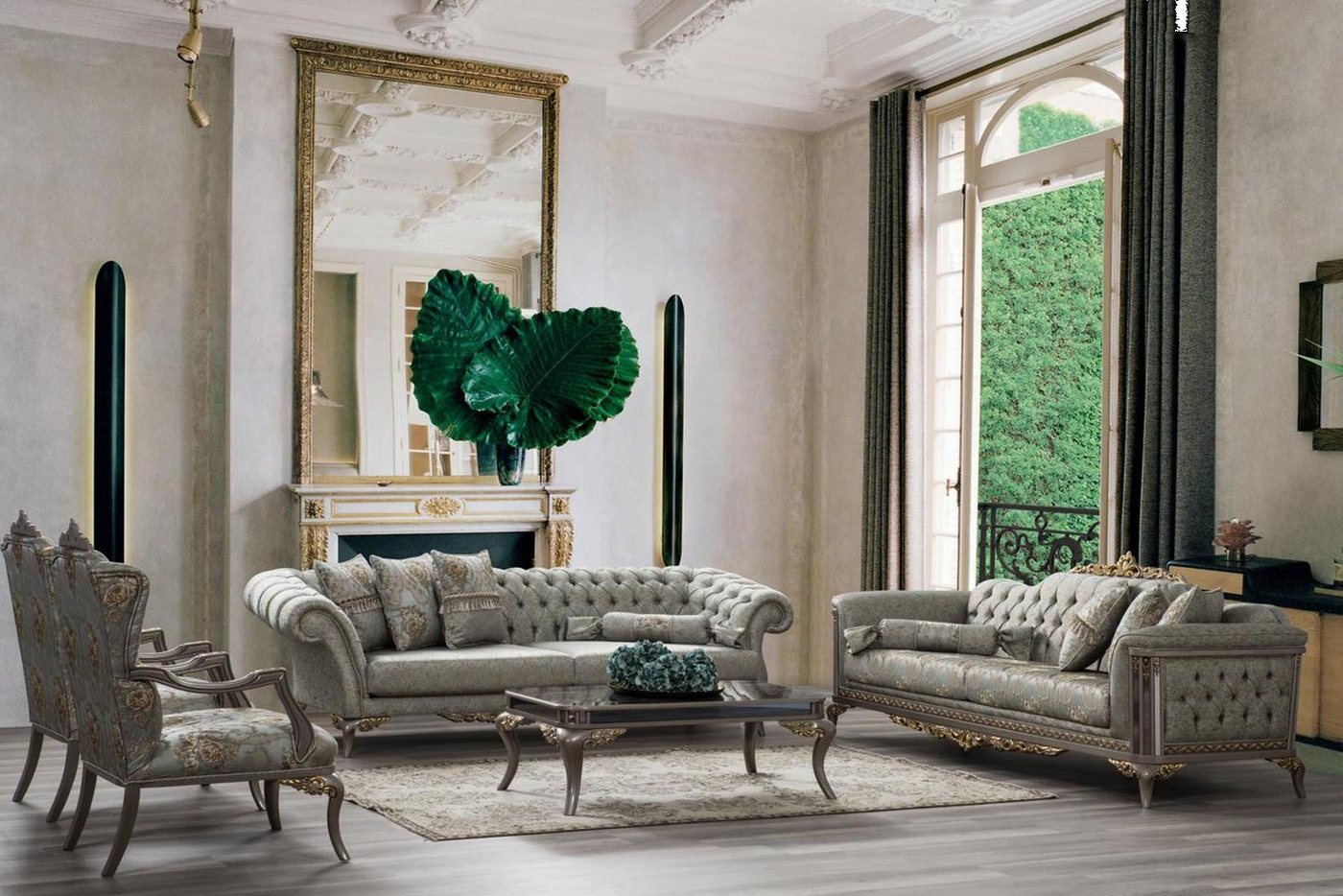 Xlmoebel Wohnzimmer-Set Chesterfield-Stoffsofa-Set in Grau mit einem Dreisitzer und einem, (5-St., Sofagarnitur 3 + 3 + 1 + 1 Sitzer + Couchtisch), Hergestellt in Europa von Xlmoebel
