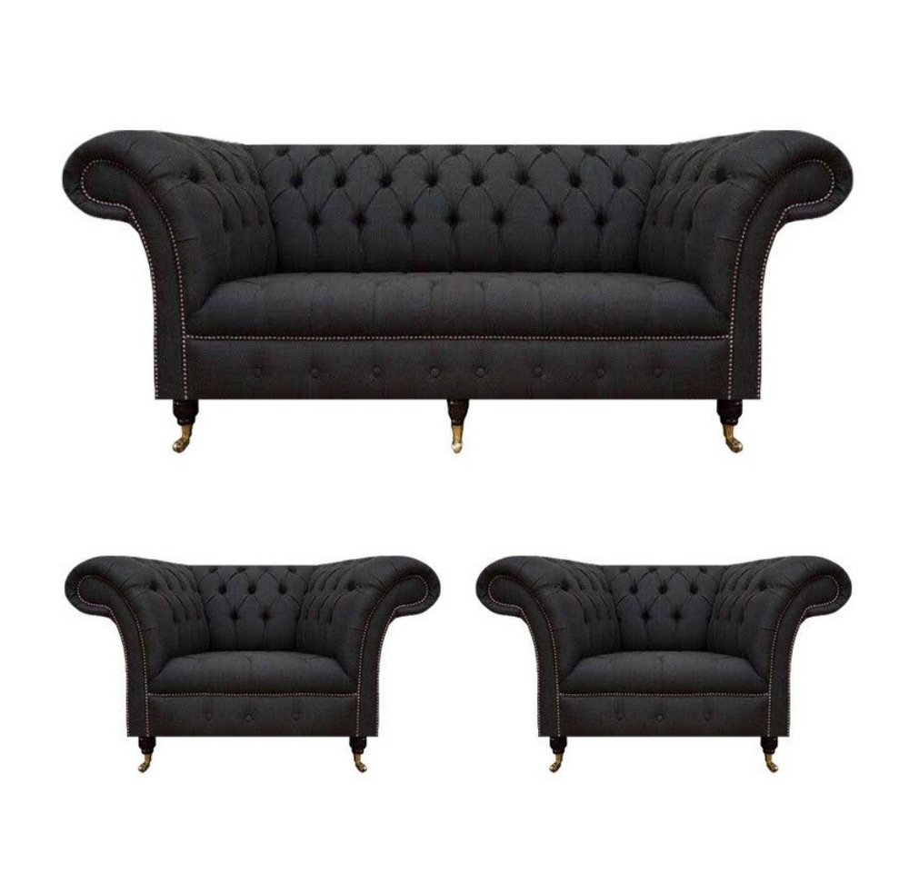 Xlmoebel Wohnzimmer-Set Chesterfield schwarze Garnitur Designer 2x Textilsessel, (3tlg Wohnzimmer Set (Sofa 3 Sitzer + 2x Sessel), Made in Europa von Xlmoebel