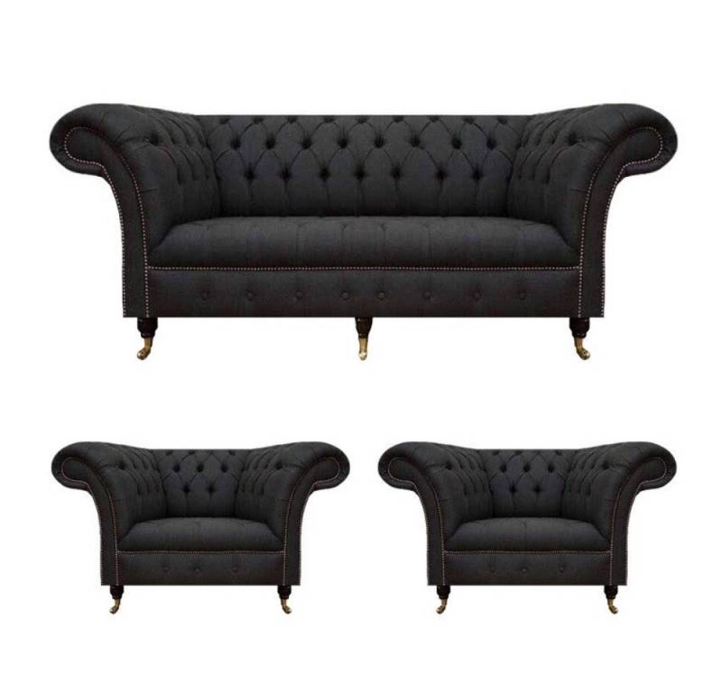 Xlmoebel Wohnzimmer-Set Chesterfield schwarze Garnitur Designer 2x Textilsessel, (3tlg Wohnzimmer Set (Sofa 3 Sitzer + 2x Sessel), Made in Europa von Xlmoebel