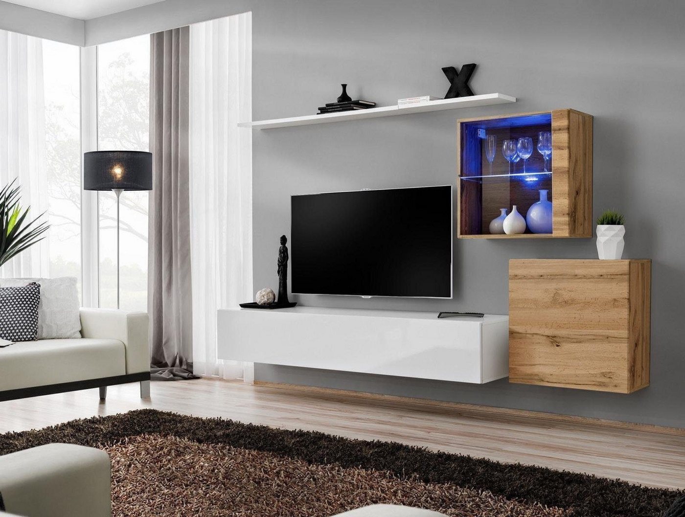 Xlmoebel Wohnwand Design Edel Wohnregal Wand Schrank Vitrine Bücherregal, (5-St., 1x Wohnwand + 1x TV Ständer + 2x Wandschrank + 1x Wandregal), Hergestellt in Europa von Xlmoebel
