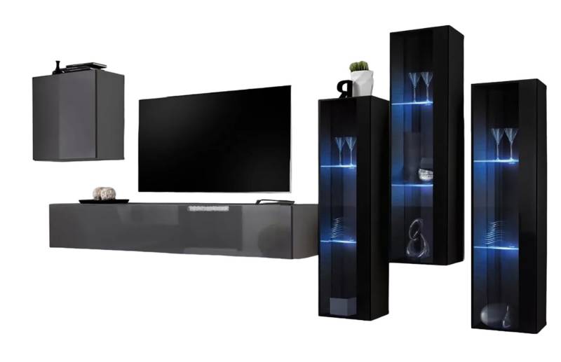 Xlmoebel Wohnwand Designer Graue Wohnwand Fernsehmöbel Komplett Hochglanz Sideboard, (5-St., 1x Wohnwand + 1x TV Ständer + 4x Wandschrank), Hergestellt in Europa von Xlmoebel