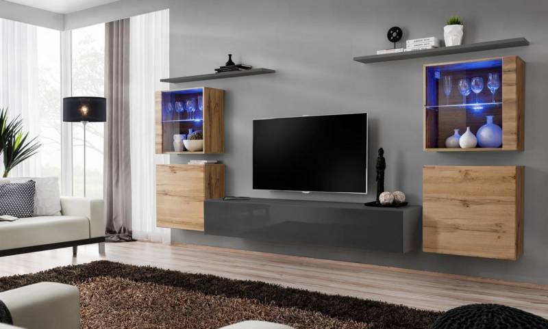Xlmoebel Wohnwand Designer Hochglanz Wohnwand Set für das Wohnzimmer, (8-St., 1x Wohnwand + 1x TV Ständer + 4x Wandschrank + 2x Wandregale), Hergestellt in Europa von Xlmoebel