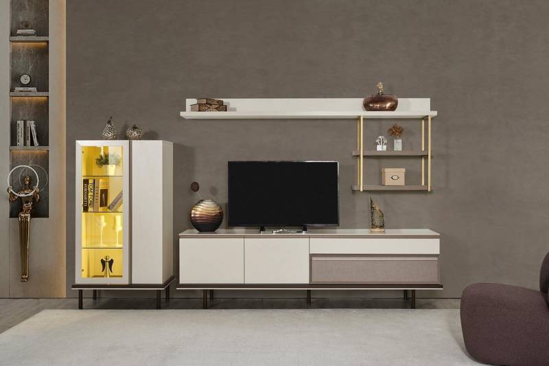 Xlmoebel Wohnwand Designer TV-Ständer, Luxus LED Vitrine, Holz Regal für weißes, (TV-Ständer + Regal + Vitrine), Hergestellt in Europa von Xlmoebel