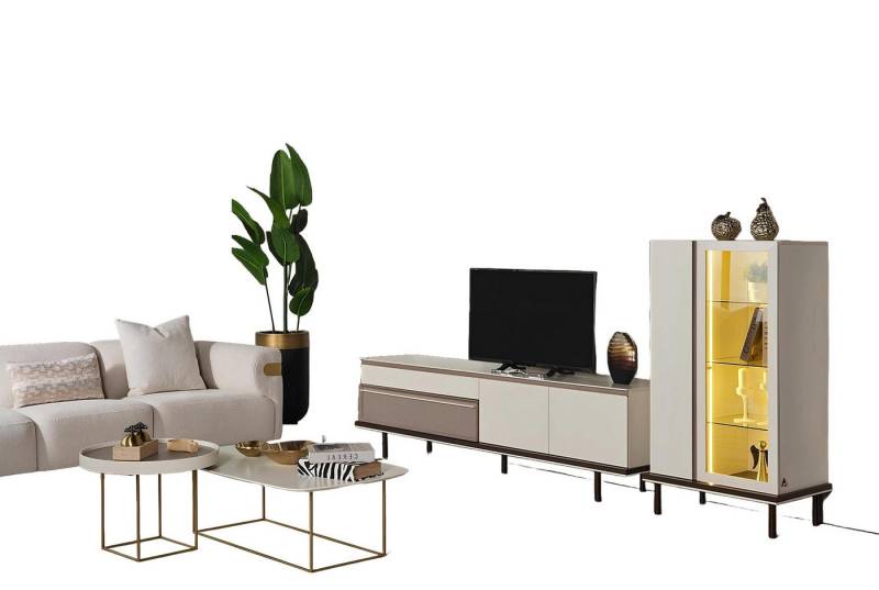 Xlmoebel Wohnzimmer-Set Designer TV-Ständer Luxus LED Vitrine Holz Regal für das Wohnzimmer, (3-St., Wohnzimmer Set (TV-Ständer + Regal + Vitrine), Hergestellt in Europa von Xlmoebel
