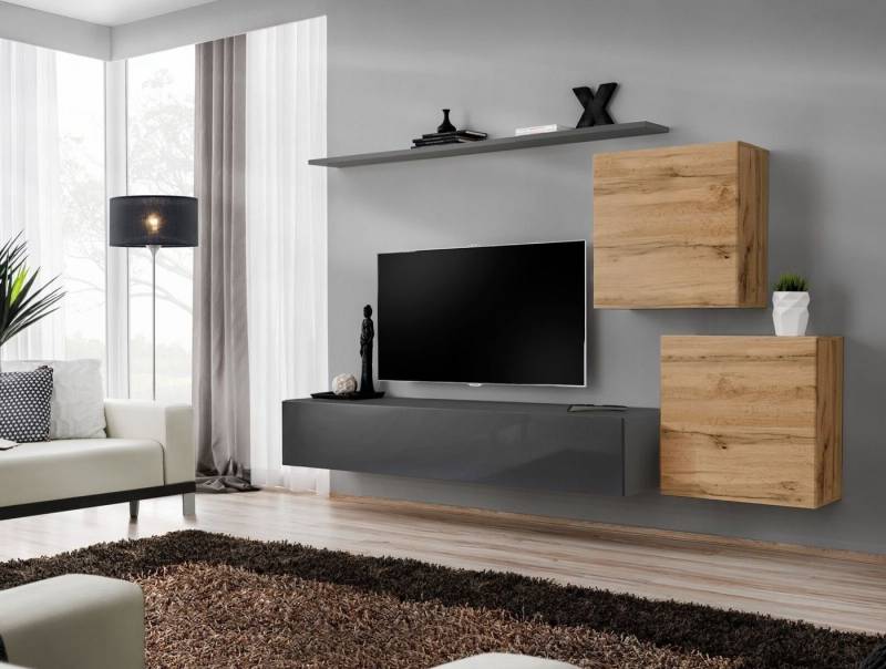 Xlmoebel Wohnzimmer-Set Designer Traumwand für das moderne Wohnzimmer in Grau, (5-St., 1x Wohnwand + 1x TV Ständer + 2x Wandschrank + 1x Wandregal), Hergestellt in Europa von Xlmoebel