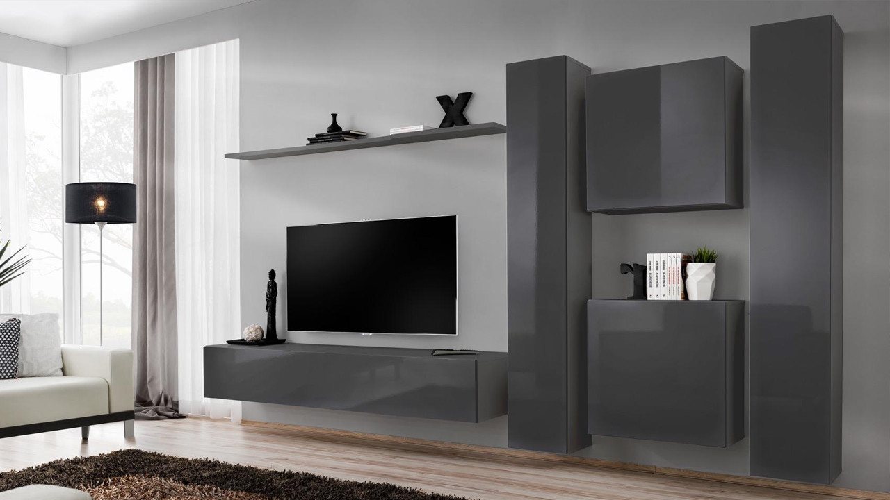 Xlmoebel Wohnwand Designer Wohnkommode Grau Luxus Raumgestaltung Komplett, (7-St., Wohnwand + TV Ständer + 4x Wandschrank + Wandregal), Hergestellt in Europa von Xlmoebel
