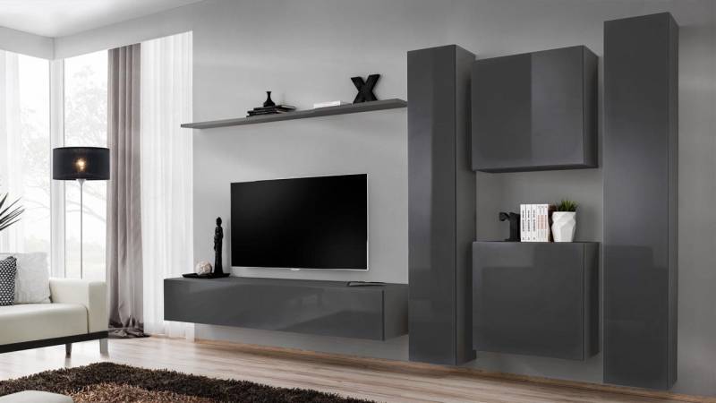 Xlmoebel Wohnwand Designer Wohnkommode Grau Luxus Raumgestaltung Komplett, (7-St., Wohnwand + TV Ständer + 4x Wandschrank + Wandregal), Hergestellt in Europa von Xlmoebel